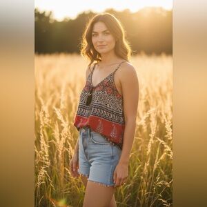 Wet Seal Boho Paisley Patterned Tassel Tie Split Neck Camisole Tank Top